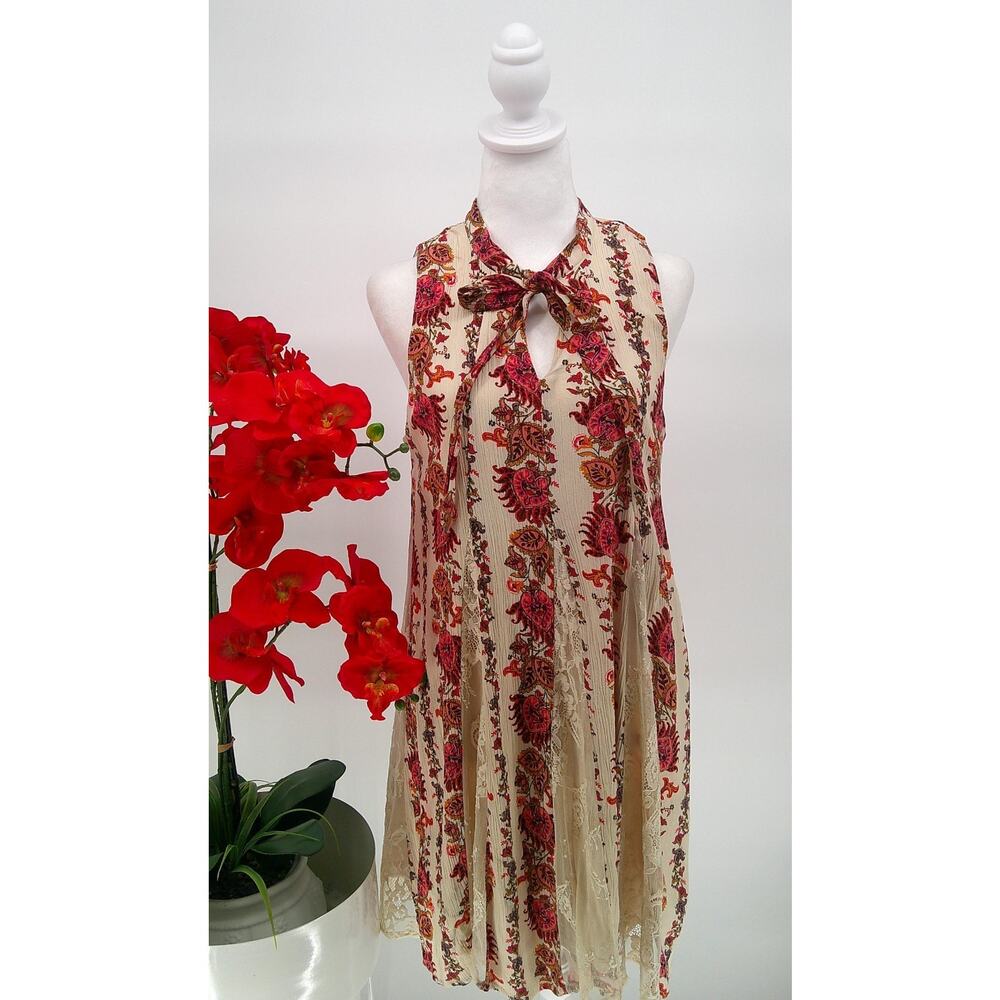 Coco Jaimeson Womens Multicolor Lace Detailing Neckline Tie Dress Large